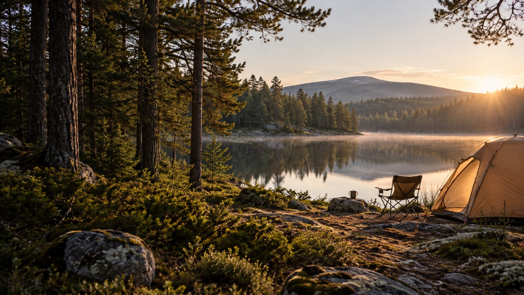 En lugn campingplats vid en svensk sjö i morgonljus